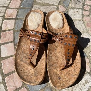 UGG Brown Cork Footbed Studded Shearling-Trim Sandals